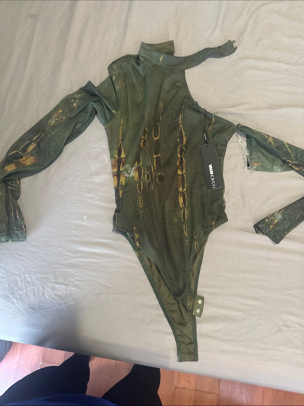 Fashion Nova Olive Green Mesh Long-Sleeve Bodysuit